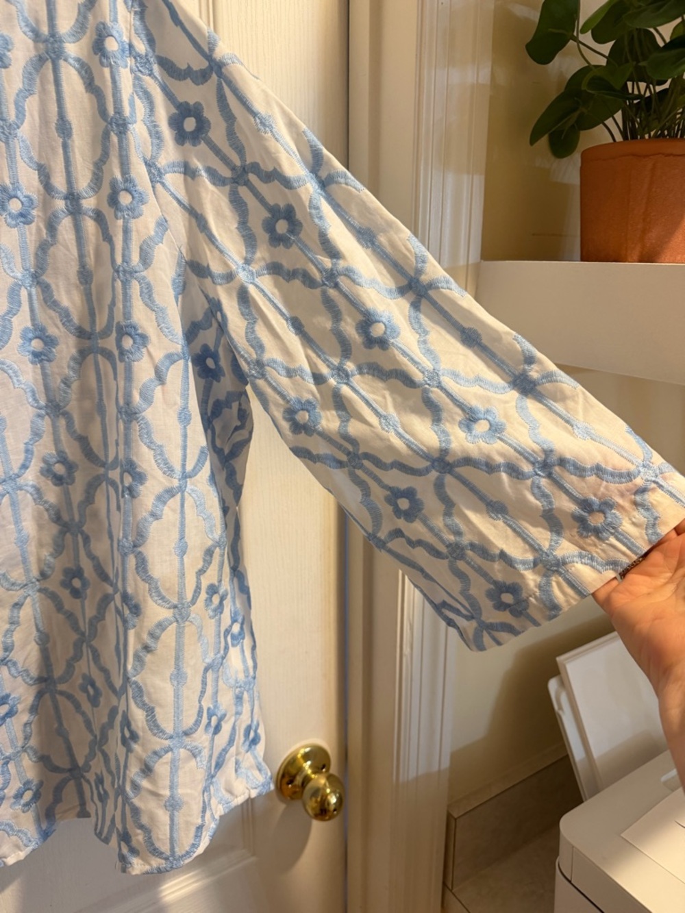 Ruby Rd. White Blouse with Light Blue Embroidered Pattern - Picture 3 of 5